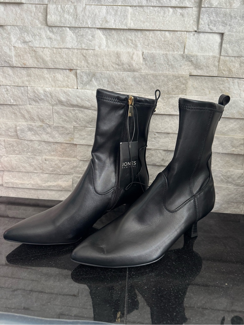 Jones New York Black Leather Mid-Calf Ankle Boots with Kitten Heel - Picture 4 of 4
